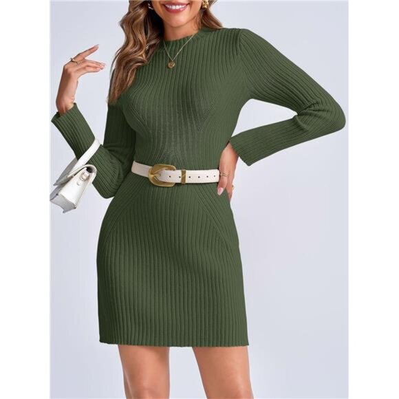 Womens Long Sleeve Sweater Mini Dress Green - Picture 4 of 6